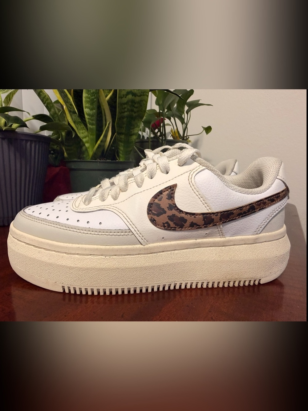 NIKE COURT VISION ALTA Women’s White Sneakers with Brown Leopard Swoosh - Picture 2 of 10
